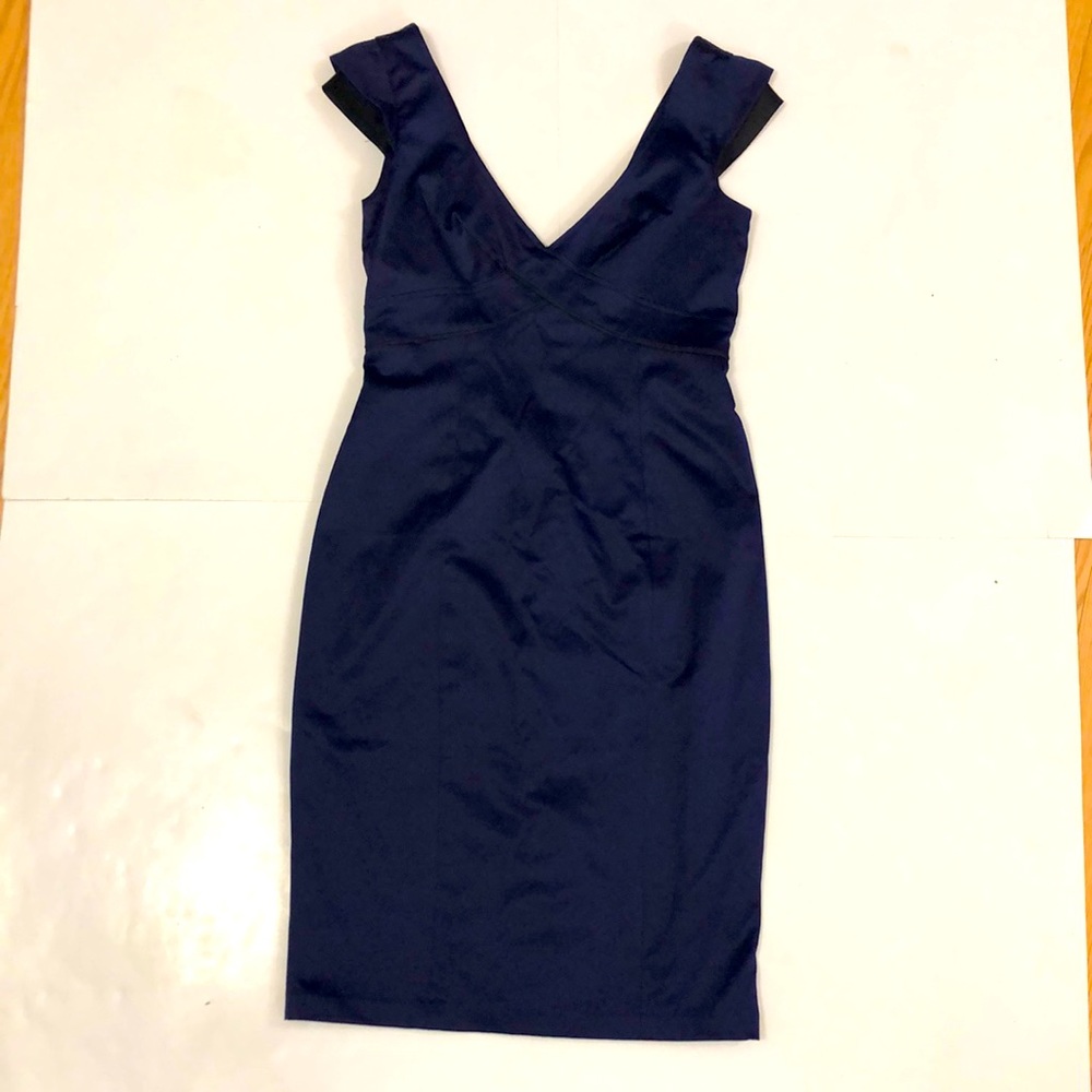 BEDO Femme L/G Dark Blue Dress Black Detail V-Neck & Back Split Hem Excellent
